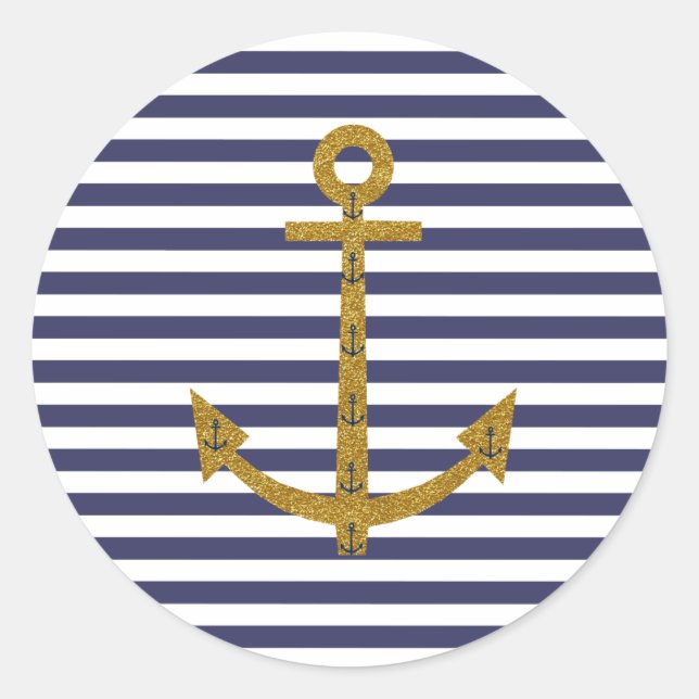 Blue White Stripes Gold Anchor Glitter Print Classic Round Sticker (Front)
