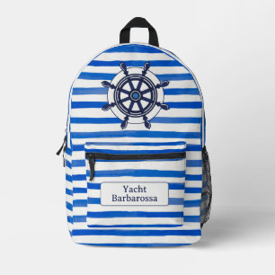 Blue White Stripes, Helm, Boat Name Printed Backpack