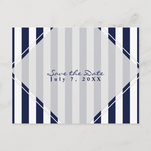 Blue & White Stripes Modern Chic Save the Date Announcement Postcard (Front)