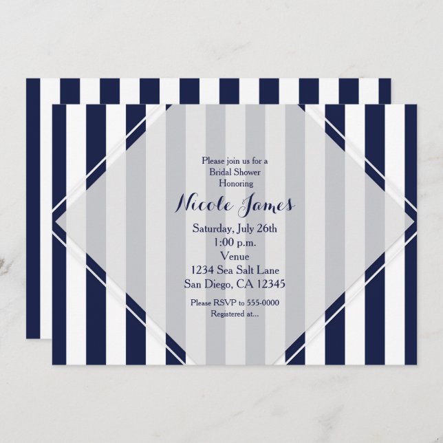 Blue & White Stripes Modern Striped Invitations (Front/Back)