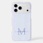 Blue & White Stripes Monogram Initial<br><div class="desc">Protect your phone in style with this elegant personalized phone case, designed for a chic and feminine look. Featuring a soft blue and white striped background, the back of the case showcases your monogram initial and name in a fancy script font, creating a timeless and sophisticated design. Perfect for everyday...</div>