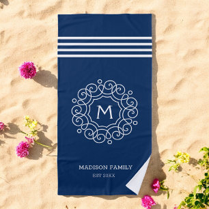 Blue White Stripes Monogram Name Initial Beach Towel