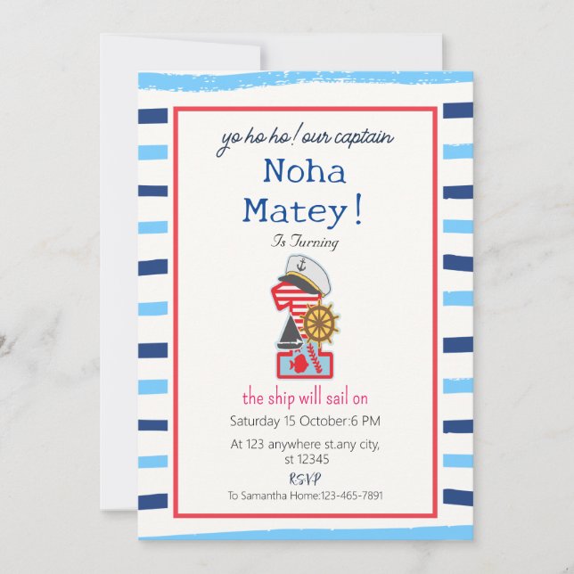 Blue & White  Stripes Nautical 1st Birthday Invitation (Front)