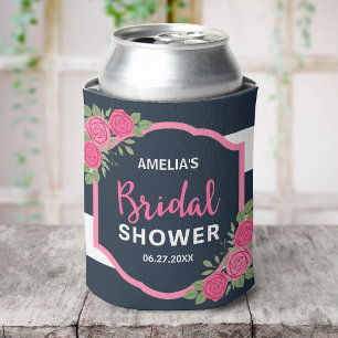 Blue White Stripes Pink Roses Bridal Shower Can Cooler