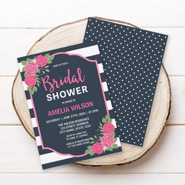 Blue White Stripes Pink Roses Bridal Shower Invitation (Creator Uploaded)