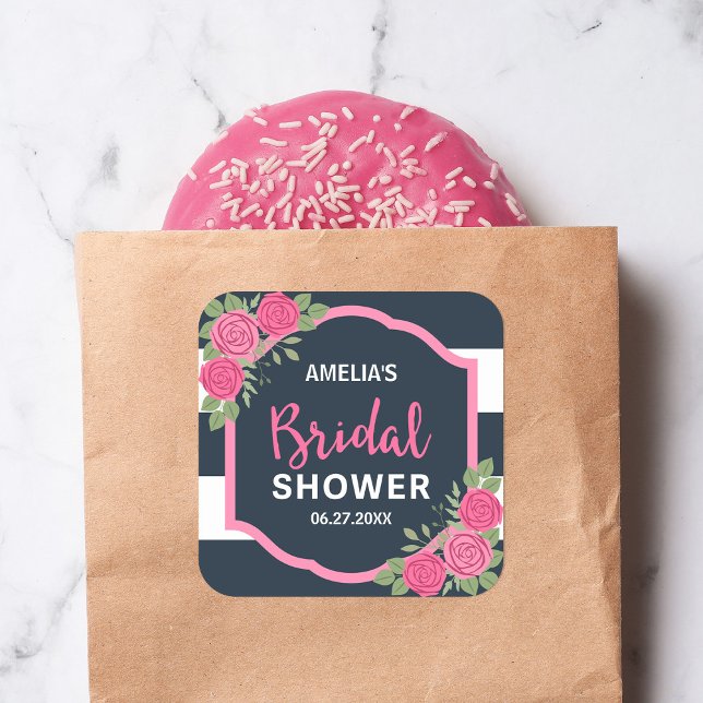 Blue White Stripes Pink Roses Bridal Shower Square Sticker (Creator Uploaded)