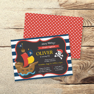 Blue White Stripes Pirate Ship Birthday Invitation