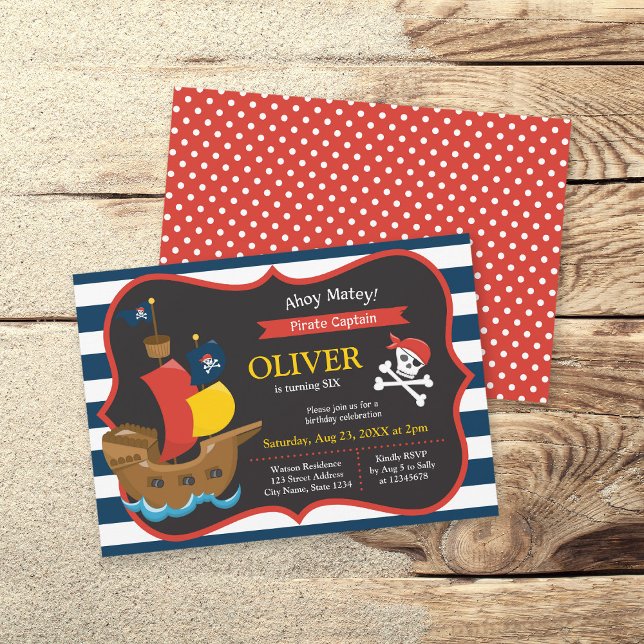 Blue White Stripes Pirate Ship Birthday Invitation (Creator Uploaded)