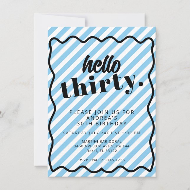 Blue White Stripes Thirty 30th Birthday Invitation (Front)
