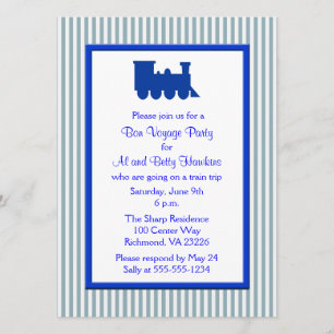 Blue White Stripes Train Bon Voyage Party Invitation