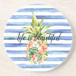 Blue White Stripes Tropical Floral Pineapple Coaster