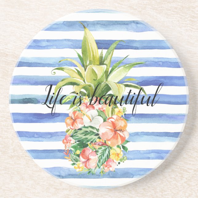 Blue White Stripes Tropical Floral Pineapple Coaster (Front)