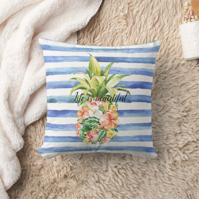 Blue White Stripes Tropical Floral Pineapple Cushion (Blanket)