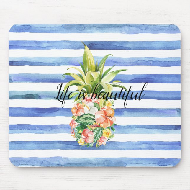Blue White Stripes Tropical Floral Pineapple     Mouse Pad (Front)