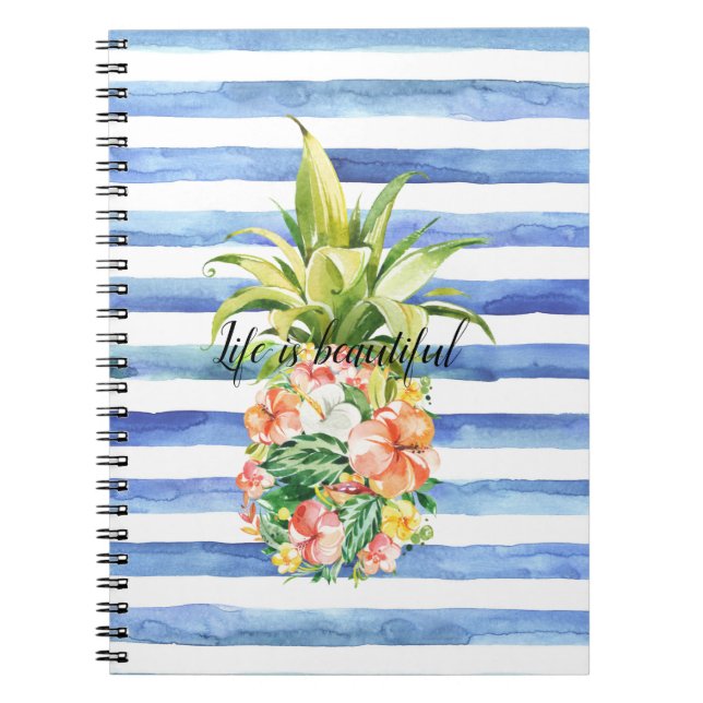 Blue White Stripes Tropical Floral Pineapple Notebook (Front)