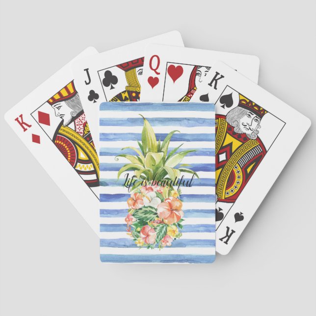 Blue White Stripes Tropical Floral Pineapple Playing Cards (Back)