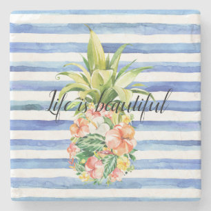 Blue White Stripes Tropical Floral Pineapple Stone Coaster