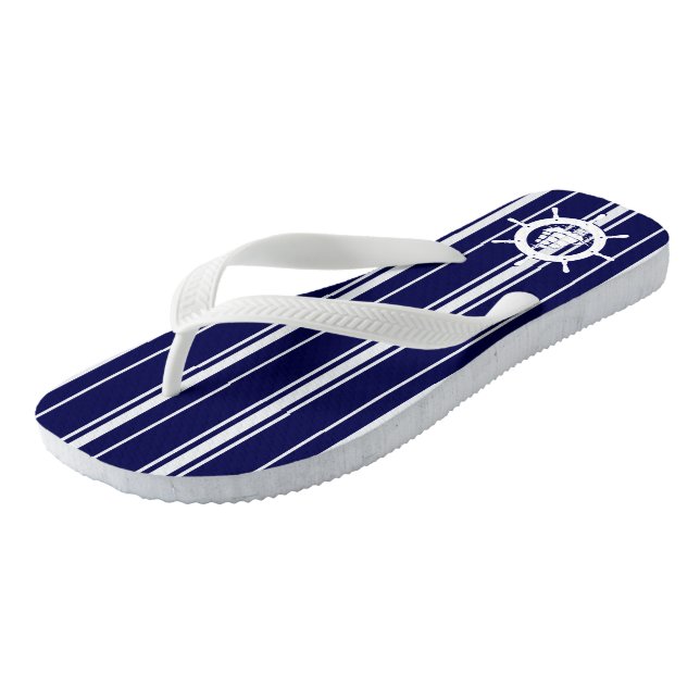 Blue & White Stripes With Nautical Boat Wheel 2 Jandals (Angled)