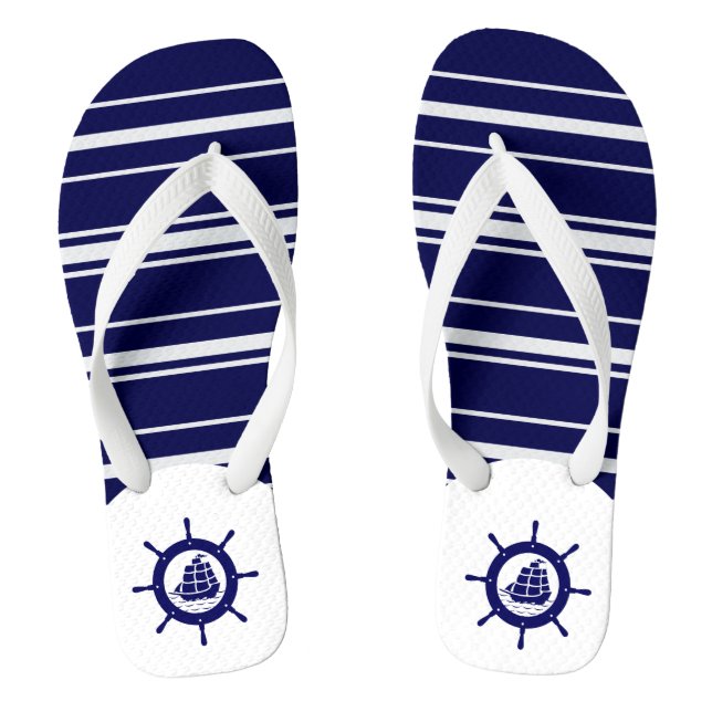 Blue & White Stripes With Nautical Boat Wheel 3 Jandals (Footbed)