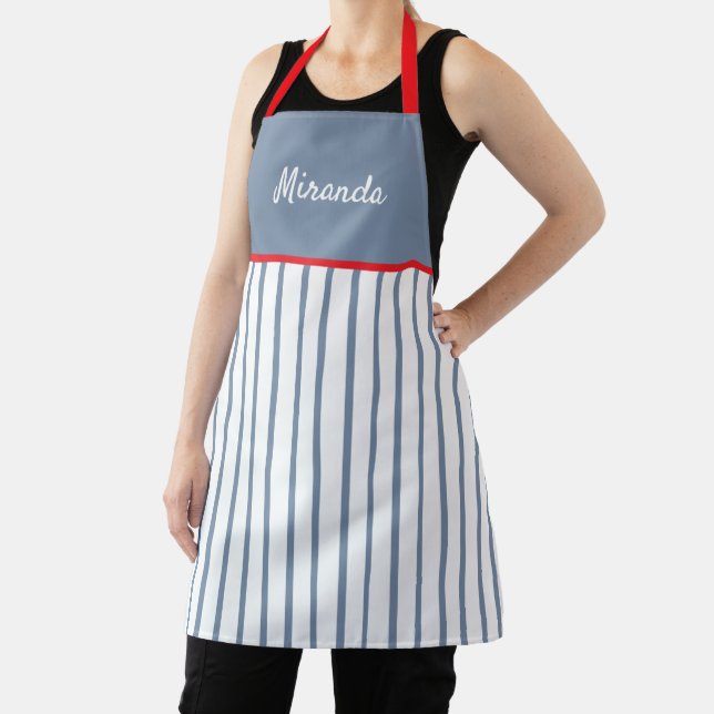 Blue & White Stripes With Red Trim Personalised Apron (Insitu)