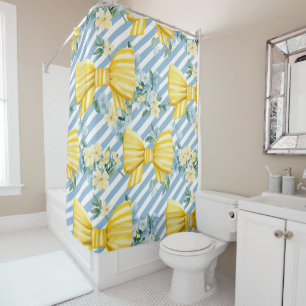 BLUE & WHITE STRIPES YELLOW & WHITE BOWS SHOWER CURTAIN