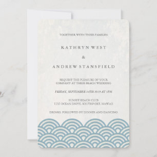 Blue + White Stylised Waves Elegant Beach Wedding Invitation