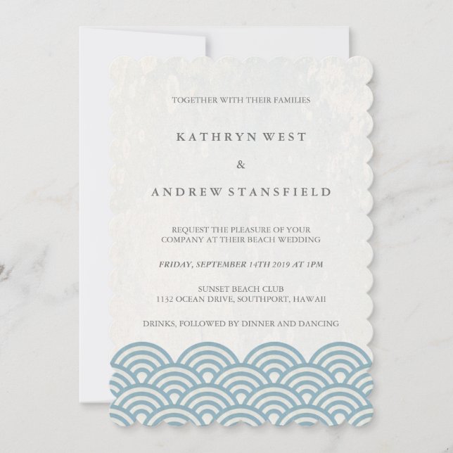Blue + White Stylised Waves Elegant Beach Wedding Invitation (Front)