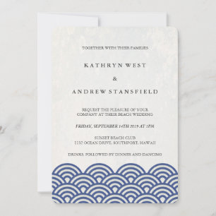Blue + White Stylised Waves Elegant Beach Wedding Invitation