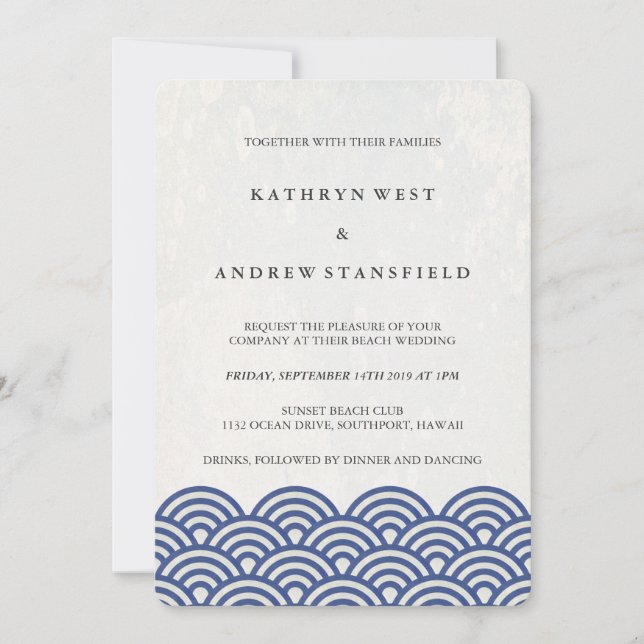Blue + White Stylised Waves Elegant Beach Wedding Invitation (Front)