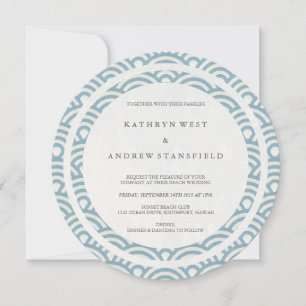 Blue + White Stylised Waves Elegant Beach Wedding Invitation