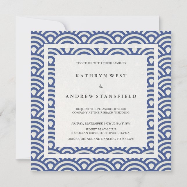 Blue + White Stylised Waves Elegant Beach Wedding Invitation (Front)