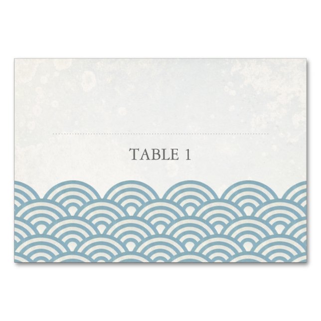 Blue+White Stylised Waves Flat Place Name Card (Front)