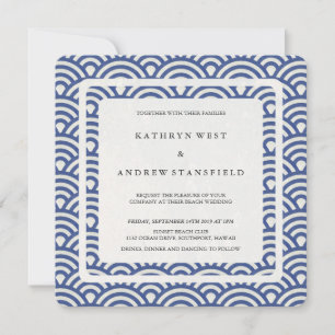 Blue + White Stylised Waves Modern Beach Wedding Invitation