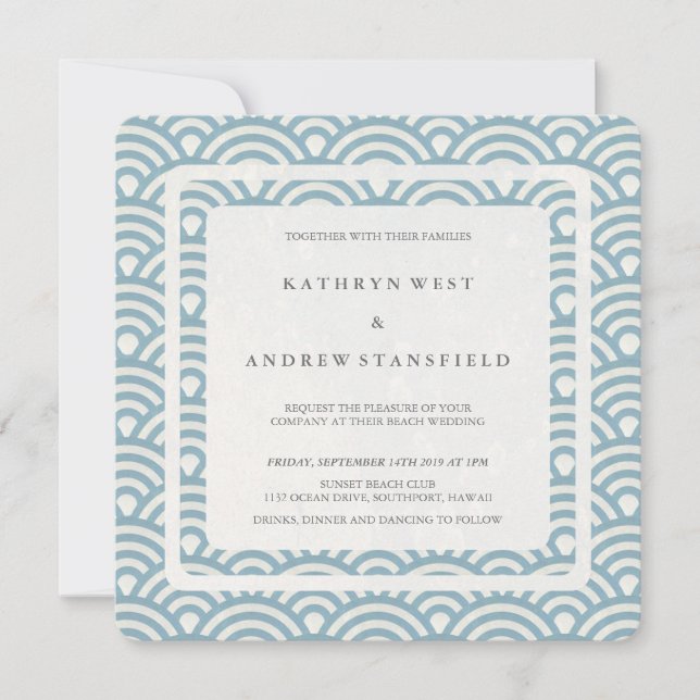 Blue + White Stylised Waves Modern Beach Wedding Invitation (Front)
