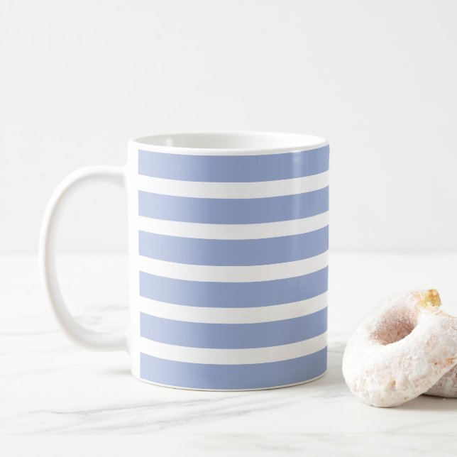 Blue White Summer Coastal Stripe Pattern Coffee Mug (With Donut)