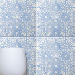 Blue White Symmetrical Pattern with Marble Look Tile
