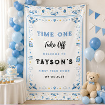 Blue White Take Off Aeroplane Boy 1st Birthday