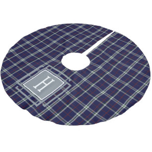 Blue white Tartan Monogram Brushed Polyester Tree Skirt