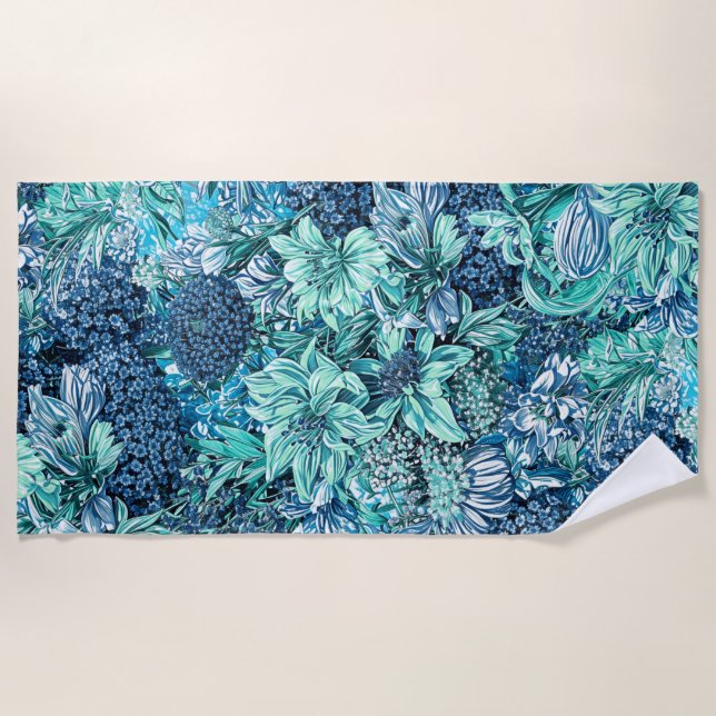 Blue White Teal Garden Flowers Pattern Beach Towel (Front)