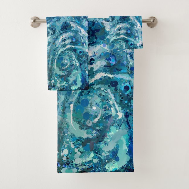 Blue White Teal Sea Waves Splash Abstraction Bath Towel Set (Insitu)