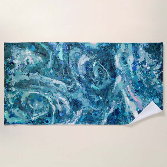 Blue White Teal Sea Waves Splash Abstraction Beach Towel (Front)