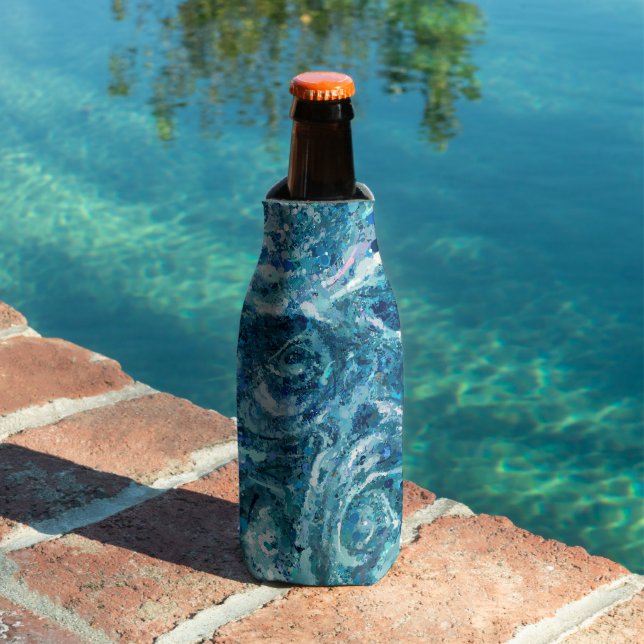 Blue White Teal Sea Waves Splash Abstraction Bottle Cooler (In Situ Pool)