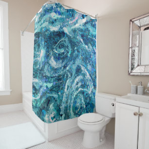 Blue White Teal Sea Waves Splash Abstraction Shower Curtain