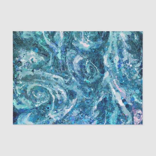Blue White Teal Sea Waves Splash Abstraction Tissue Paper (Front)