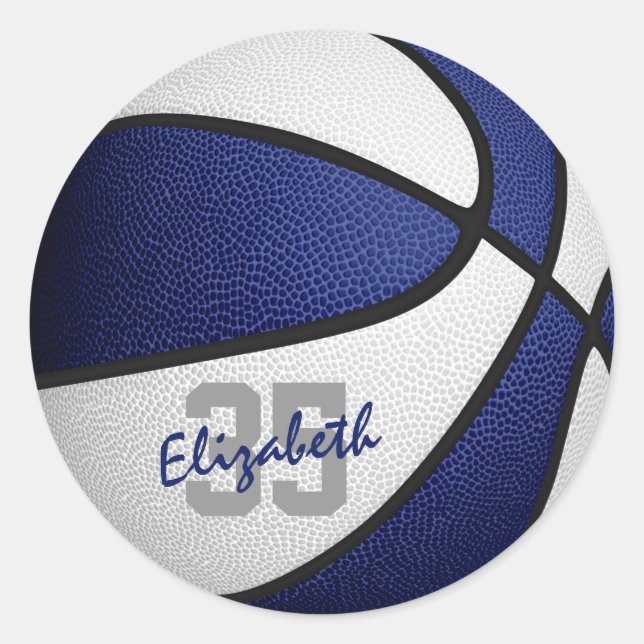 blue white team colours boys girls basketball classic round sticker (Front)
