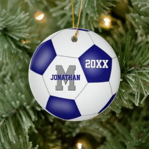 blue white team colours boys girls soccer ceramic tree decoration
