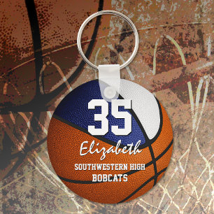 Blue white team colours girls boys basketball key ring