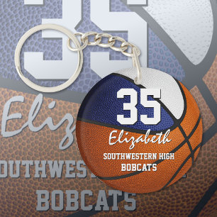 Blue white team colours play like a girl basketbal key ring