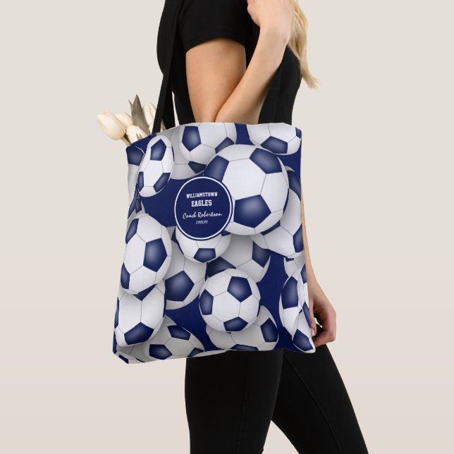 blue white team colours soccer coach name tote bag (Close Up)