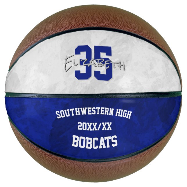 blue white team name end of season gifts basketball (Front)